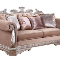 Velvet Upholstered Loveseat with Padded Seat Cushions and Tufted Backrest, Brown and Silver