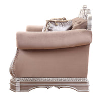 Velvet Upholstered Loveseat with Padded Seat Cushions and Tufted Backrest, Brown and Silver