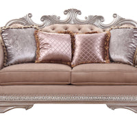 Velvet Upholstered Loveseat with Padded Seat Cushions and Tufted Backrest, Brown and Silver