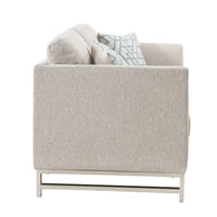 Linen Upholstered Loveseat with Two Pillows and Metal Sled Base, Beige and Silver