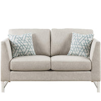 Linen Upholstered Loveseat with Two Pillows and Metal Sled Base, Beige and Silver