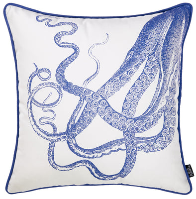 Square White And Blue Octopus Decorative Throw Pillow Cover