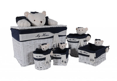 Set of 5 White and Blue Willow Teddy Bear Baskets