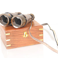 Rustic Brass and Leather Binoculars in Wood Storage Box