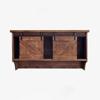 Rustic Wooden Shelf with Barn Door Storage and Hooks