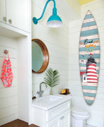18" x 1" x 76" Wood, Blue, Lighthouse Surfboard Wall Art