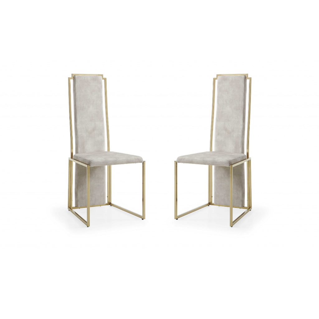 Set Of 2 Ultra Modern Beige Suede And Gold Dining Chairs