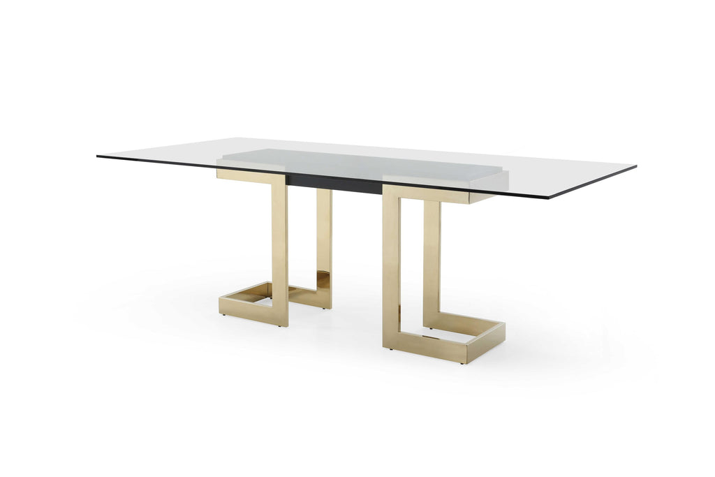 87" X 39" X 30" Polished Gold Glass Stainless Steel Dining Table