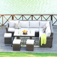 180.96" X 33.54" X 34.71" Brown 8Piece Outdoor Sectional Set with Cushions