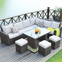 180.96" X 33.54" X 34.71" Brown 8Piece Outdoor Sectional Set with Cushions