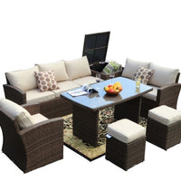 179.85" X 31.89" 32.68" Brown 7Piece Steel Outdoor Sectional Sofa Set with Ottomans and Storage Box