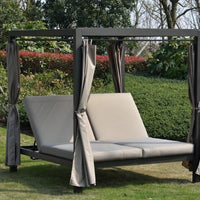 161.85" X 71.37" X 8.58" Gray Outdoor Steel Metal Adjustable Day Bed with Canopy and Taupe Cushions