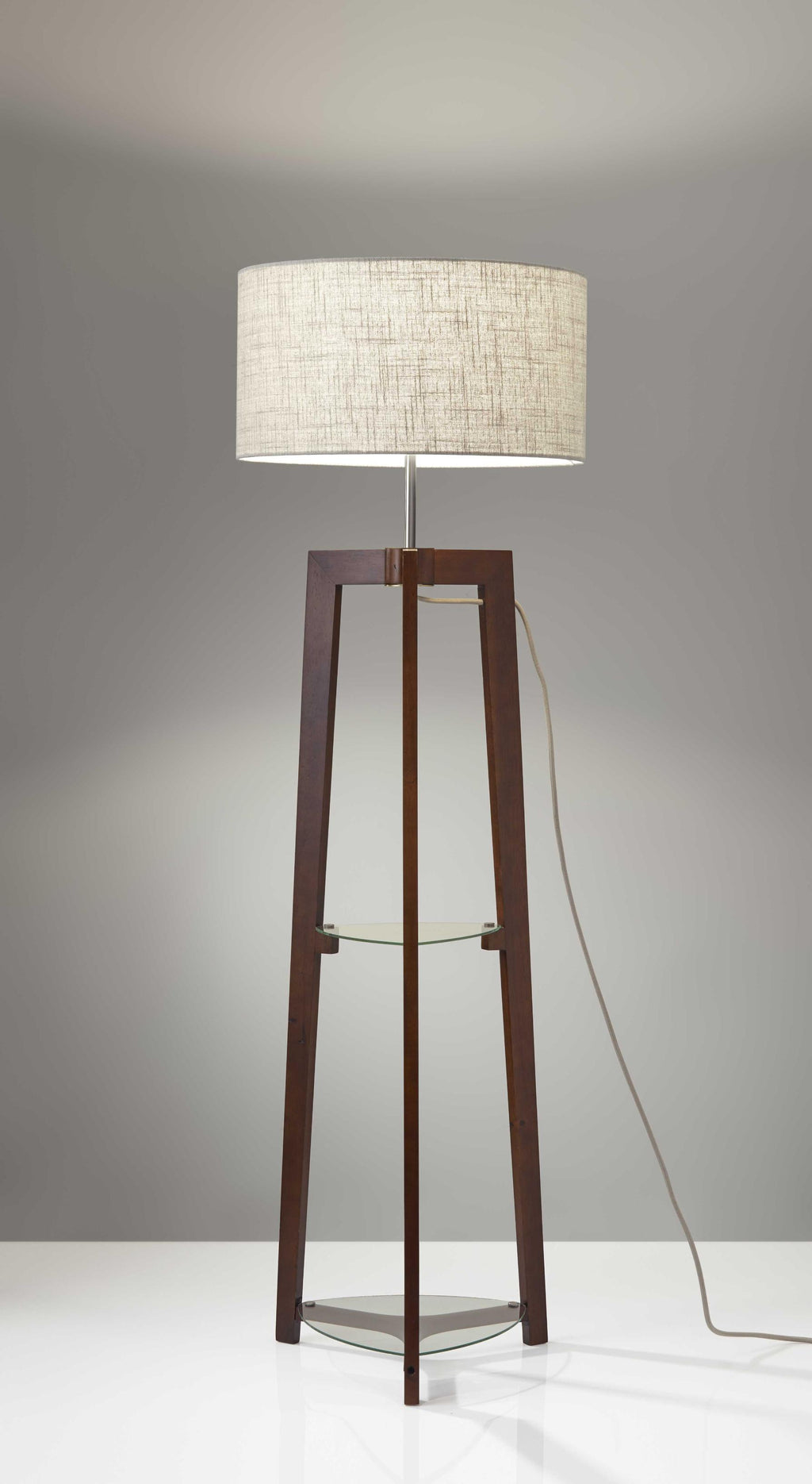 Walnut Wood Finish Floor Lamp with Glass Shelves