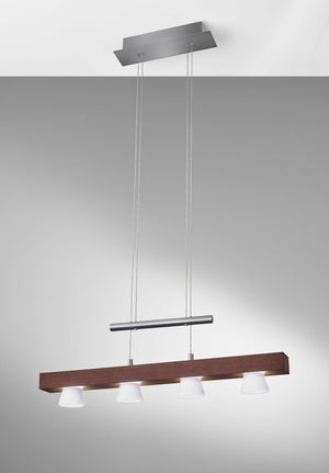 24" X 11" X 38-69" Walnut Wood LED 4 Light Adjustable Pendant