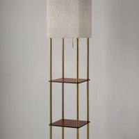 Floor Lamp with Antique Brass Poles and Walnut Wood Finish Storage Shelves with Two USB Ports