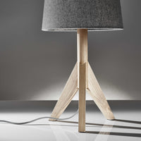 Natural Wood Tripod Base with Grey Felt Tapered Drum Shade Table Lamp