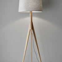 Natural Wood Floor Lamp with Tripod Base and Grey Felt Tapered Drum Shade