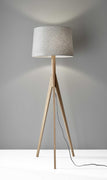 Natural Wood Floor Lamp with Tripod Base and Grey Felt Tapered Drum Shade