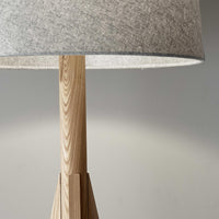 Natural Wood Floor Lamp with Tripod Base and Grey Felt Tapered Drum Shade