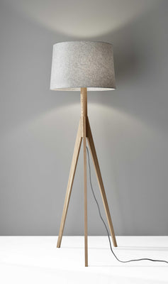 Natural Wood Floor Lamp with Tripod Base and Grey Felt Tapered Drum Shade