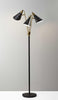 Black Metal Floor Lamp with Three Adjustable Antique Brass Accented Cone Shades