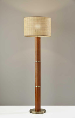 Walnut Wood Finish Floor Lamp Cylindrical Base with Antique Brass Accents and Woven Rattan Shade
