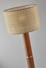 Walnut Wood Finish Floor Lamp Cylindrical Base with Antique Brass Accents and Woven Rattan Shade
