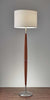 Elliptical Shape Walnut Wood Finish Floor Lamp with Satin Steel Accents and White Fabric Drum Shade