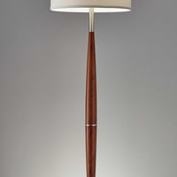 Elliptical Shape Walnut Wood Finish Floor Lamp with Satin Steel Accents and White Fabric Drum Shade