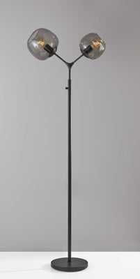 Matte Black Metal Floor Lamp with Two Smoked Glass Globe Shades and Vintage Edison Bulbs
