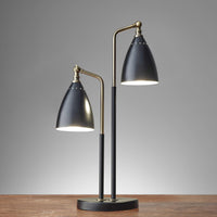 Matte Black Metal and Antique Brass Two Light Adjustable Table Lamp