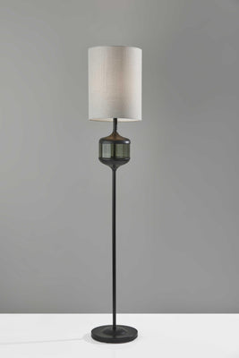 Black Wood Smoked Glass Floor Lamp with Lightly Textured Round Shade