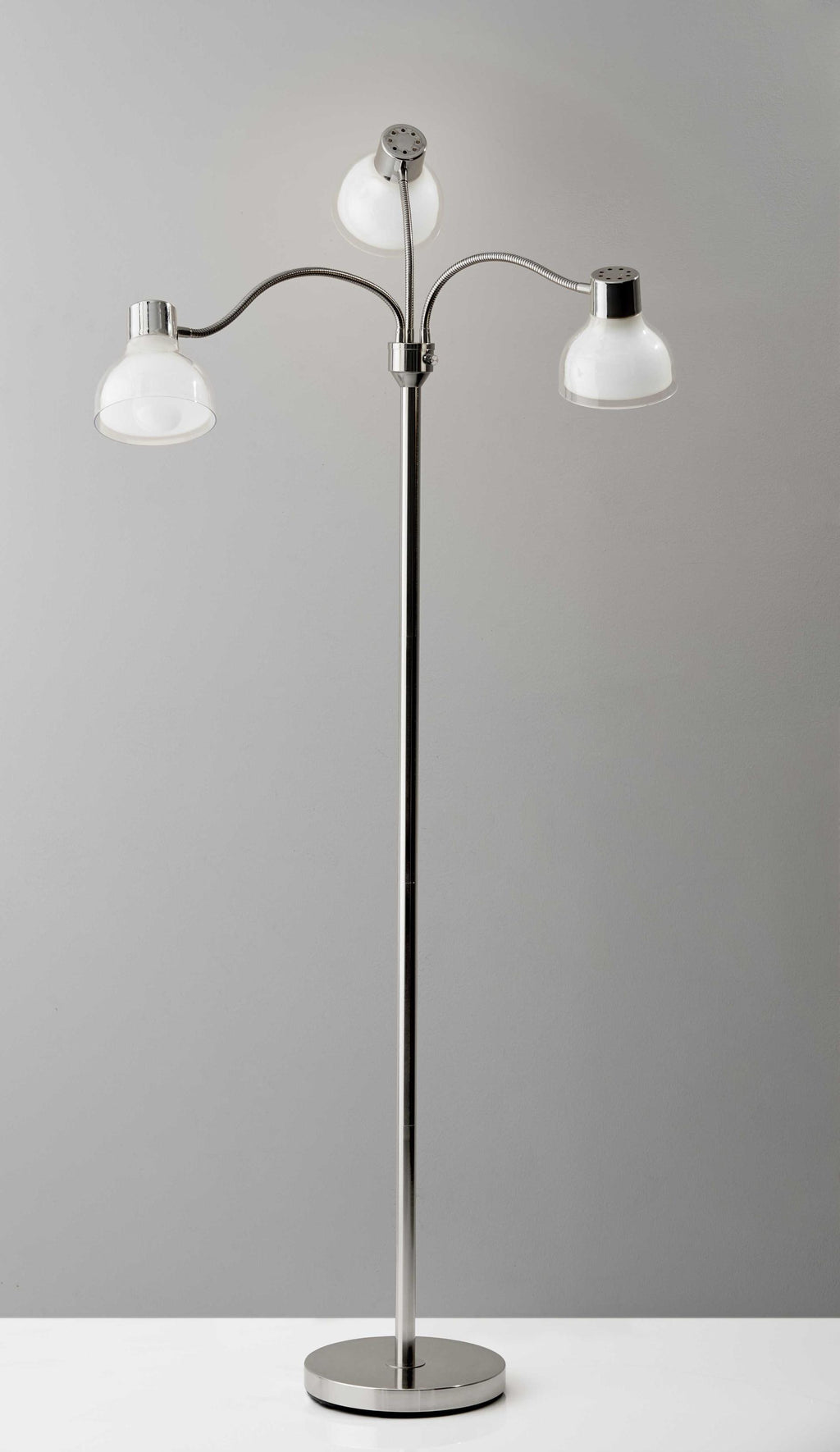 Adjustable Three Light Floor Lamp in Polished Nickel Finish With Frosted Inner Shades