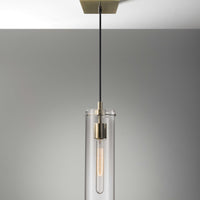 Clear Glass Cylinder Shade with Vintage Filament Bulb Antique Brass Metal Pendant