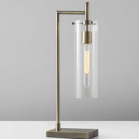 Sleek Clear Glass Cylinder Shade with Vintage Filament Bulb Antique Brass Metal Table Lamp