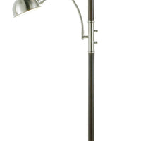 Two Light Combo Floor Lamp Wood Brushed Steel Torchiere with Frosted Glass Dome Shade and Reading Light with Brushed Steel Dome Shade