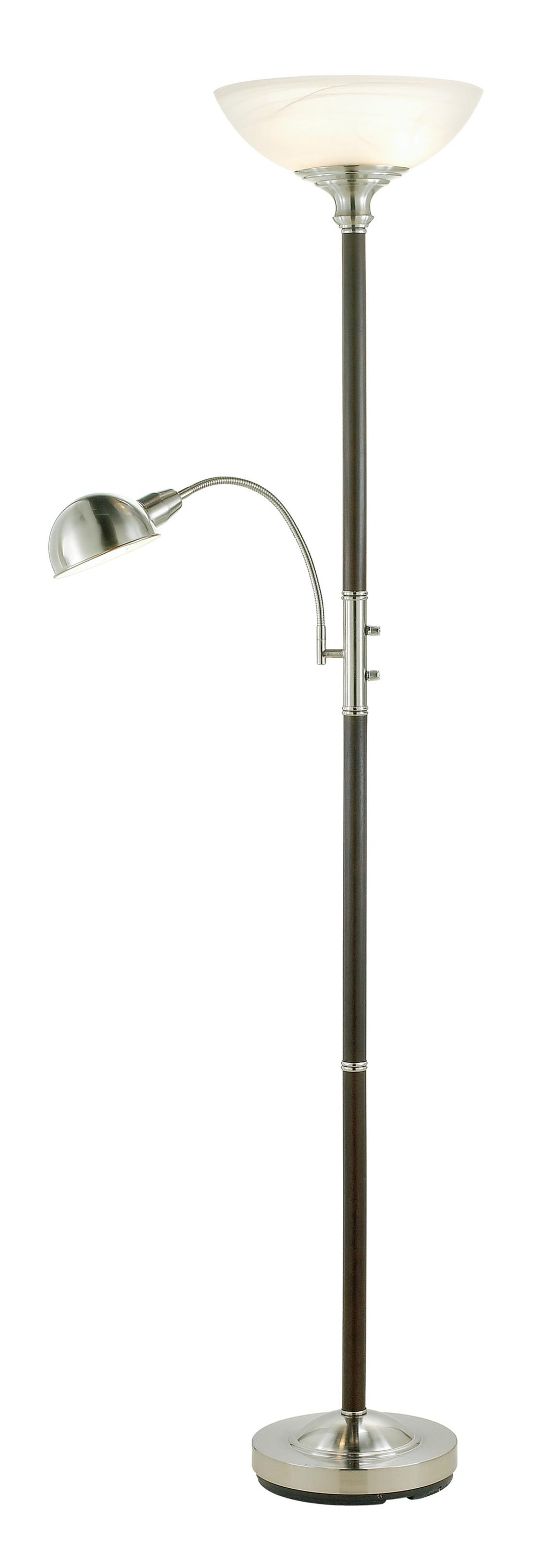 Two Light Combo Floor Lamp Wood Brushed Steel Torchiere with Frosted Glass Dome Shade and Reading Light with Brushed Steel Dome Shade