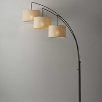 Three Light Bronze Metal Finish Arc Floor Lamp with Suspended Burlap Drum Shades