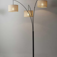 Three Light Bronze Metal Finish Arc Floor Lamp with Suspended Burlap Drum Shades