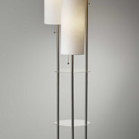 Three Light Floor Lamp in Brushed Steel with Two Clear Storage Shelves