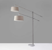 Two Light Adjustable Long Arm Floor Lamp in Brushed Steel