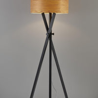 Architectonic Black Wood Tripod Floor Lamp with Rustic Wood Grain Shade