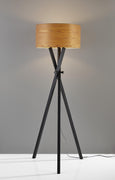 Architectonic Black Wood Tripod Floor Lamp with Rustic Wood Grain Shade