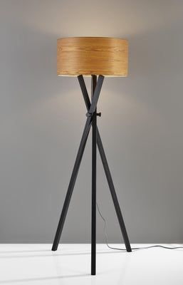 Architectonic Black Wood Tripod Floor Lamp with Rustic Wood Grain Shade