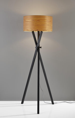 Architectonic Black Wood Tripod Floor Lamp with Rustic Wood Grain Shade