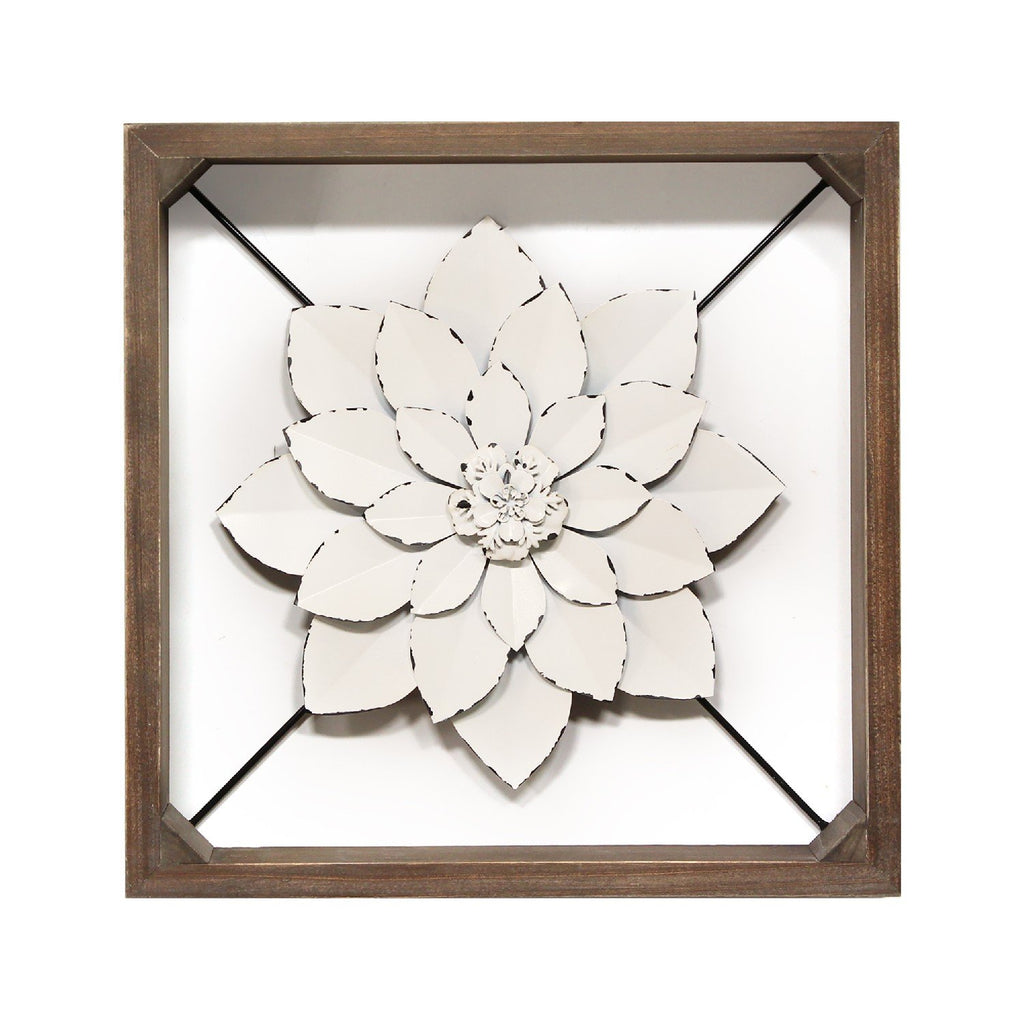 White Metal &amp; Wood Framed Wall Flower