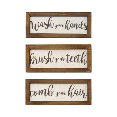 Set of 3 Linen Bathroom Rules Wood Framed Wall Art