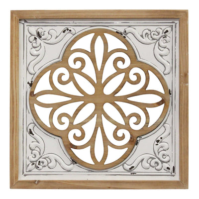 Distressed White Enamel Metal and Wood Framed Wall Art