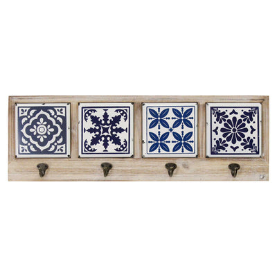 Blue and White Tile Wall Hanging with Metal Hooks