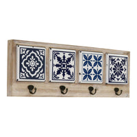 Blue and White Tile Wall Hanging with Metal Hooks